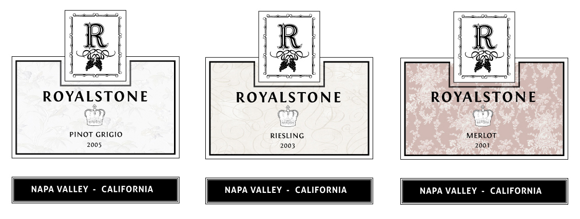 royalstone winery product labels dark color front view